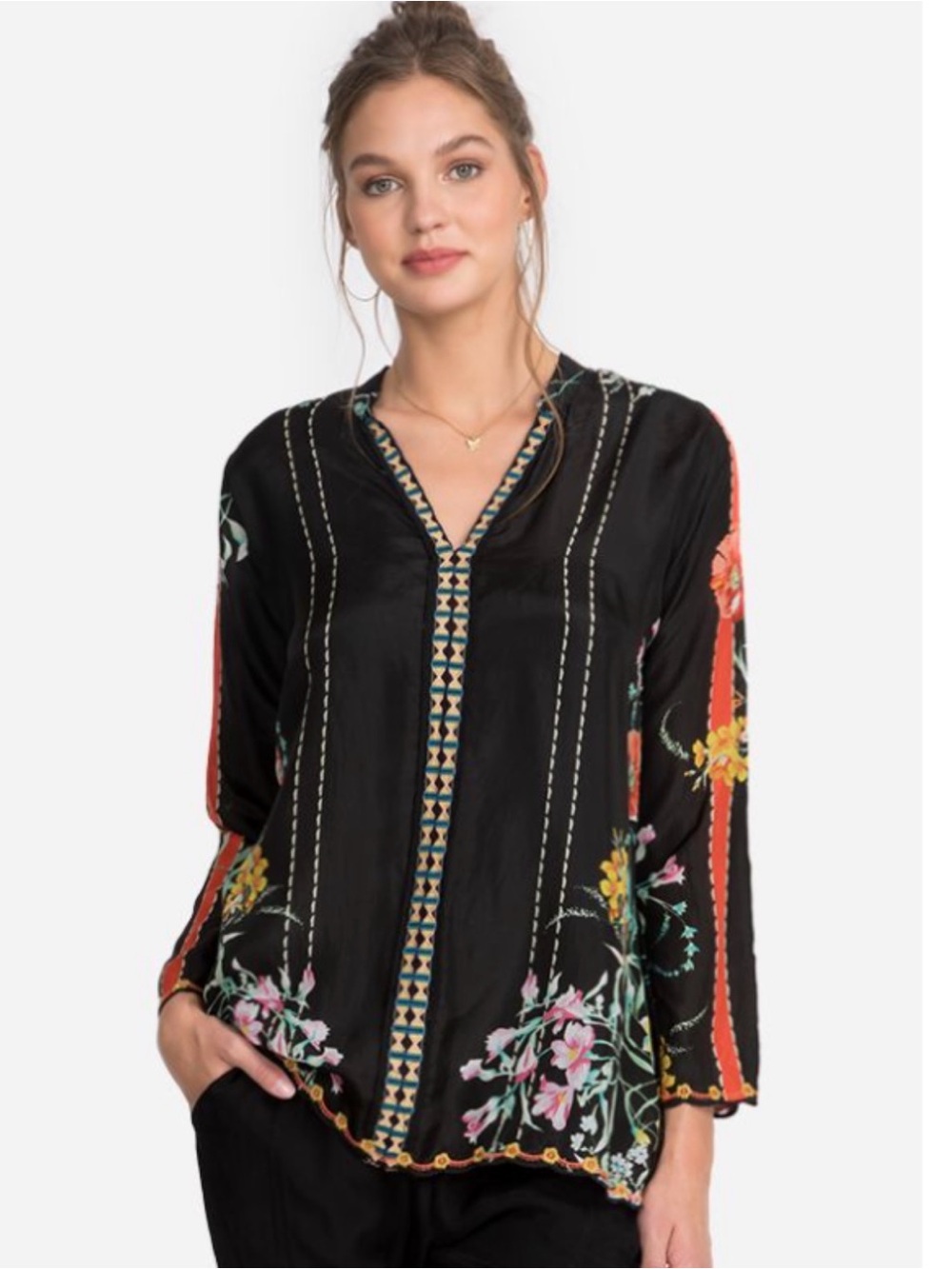 Johnny Was Black Floral Split V-Neck Blouse with Coral Accents